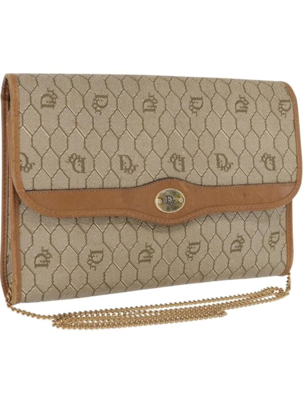 Christian Dior Honeycomb Canvas Chain Shoulder Bag PVC Beige Gold